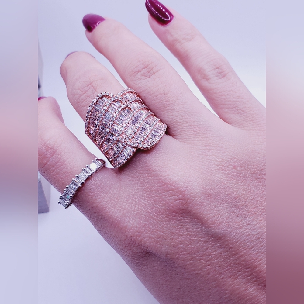 Round & Baguette White Diamond Simulants Rose Gold - 925 Sterling Silver Ring - Picture 3 of 6